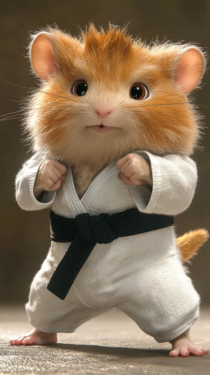 Dolce criceto karateka con karategi bianco e cintura nera