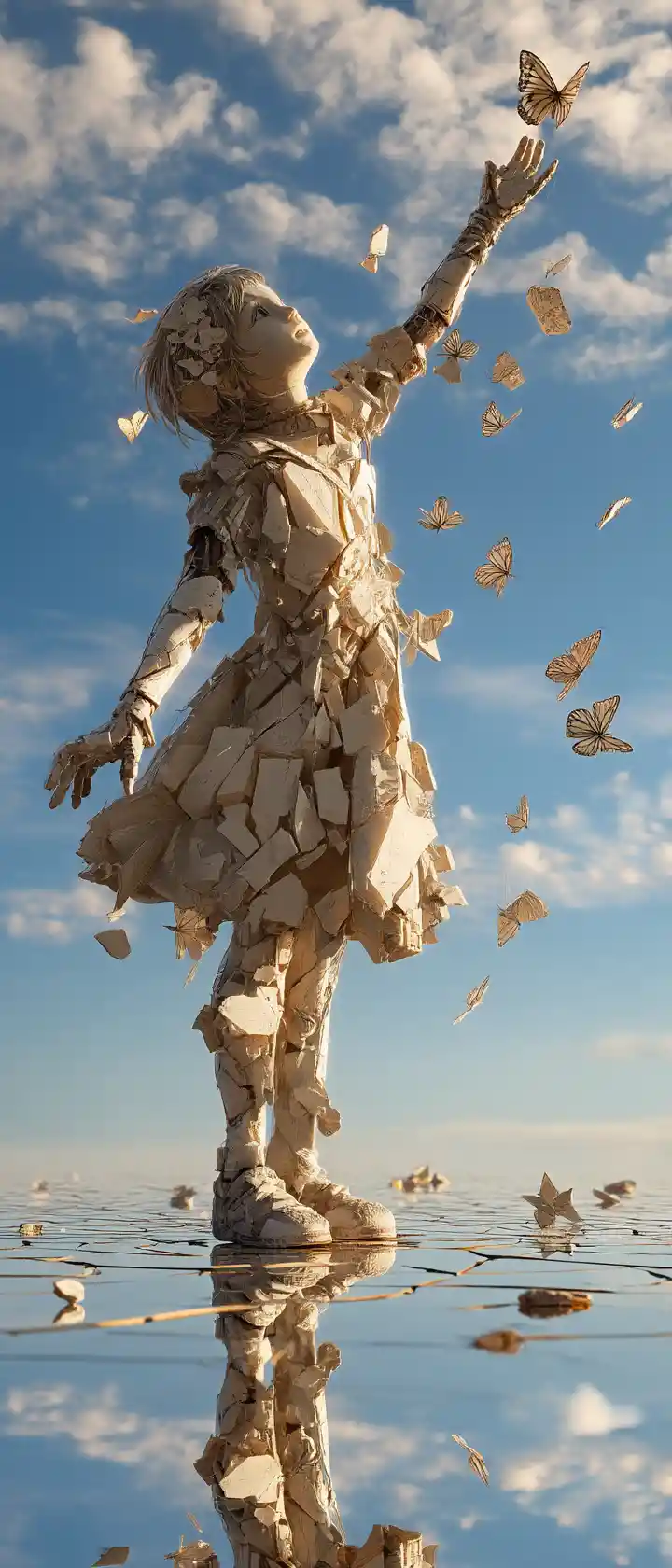 向破碎螢幕蝴蝶伸手的瓷娃娃