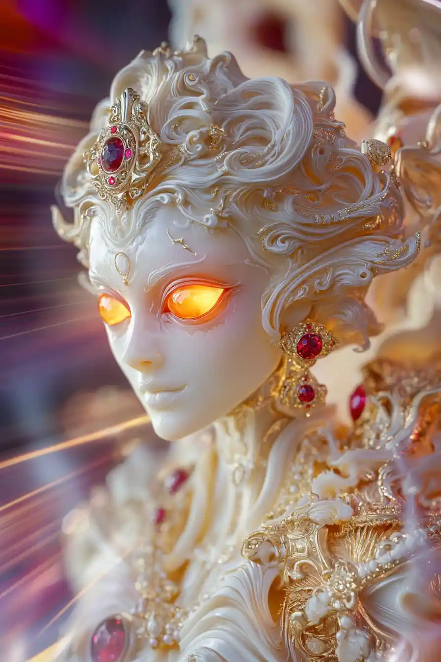 Estatua demoníaca de mujer de marfil y jade con ojos de ámbar brillantes