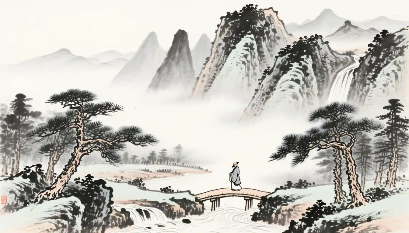 Paisaje Chino en Tinta y Niebla con Ermitaño en Puente de Montaña