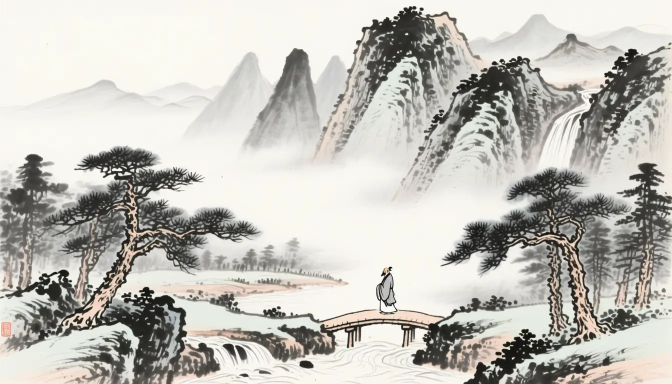 Neblige chinesische Tuschlandschaft mit Eremit auf Bergbrücke