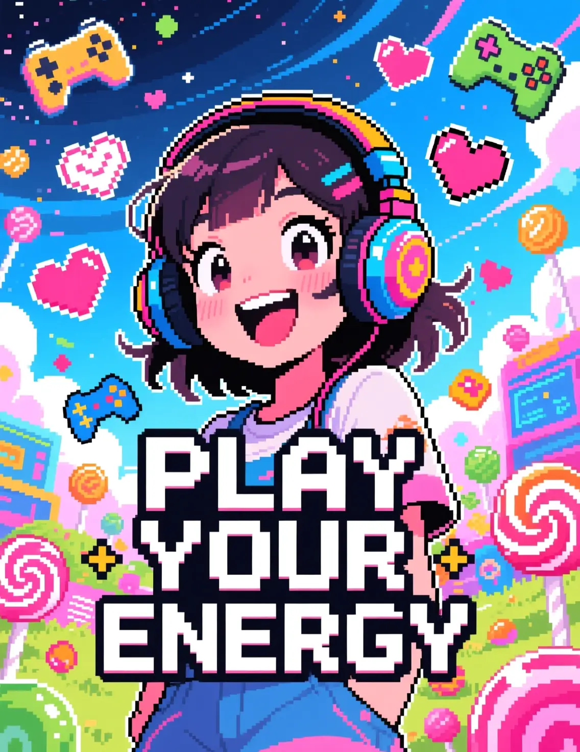 糖果色虛擬電玩世界中的活力少女