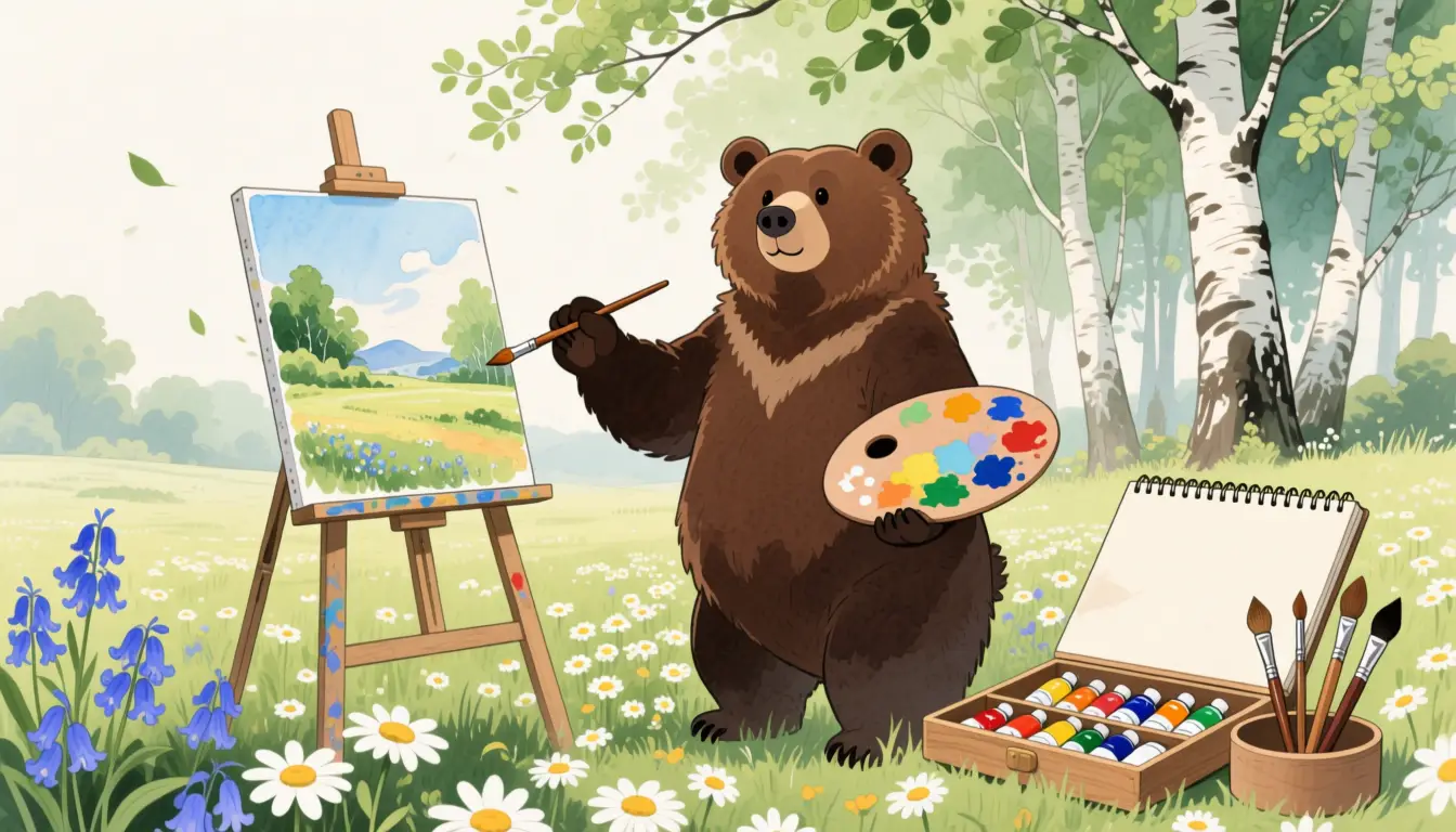 花畑にいる水彩風アニメのクマの絵