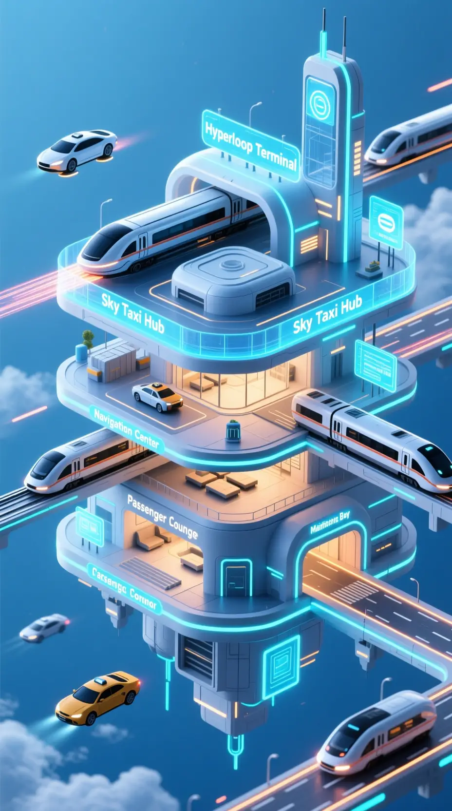 Isometric futuristic transport nexus with layered transit platforms