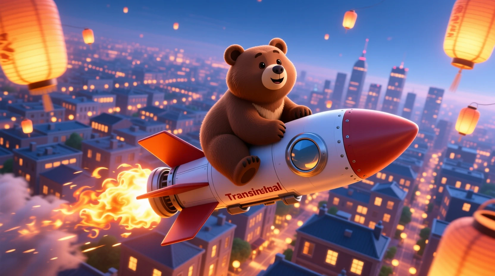 Urso marrom fofo andando de foguete sobre a cidade