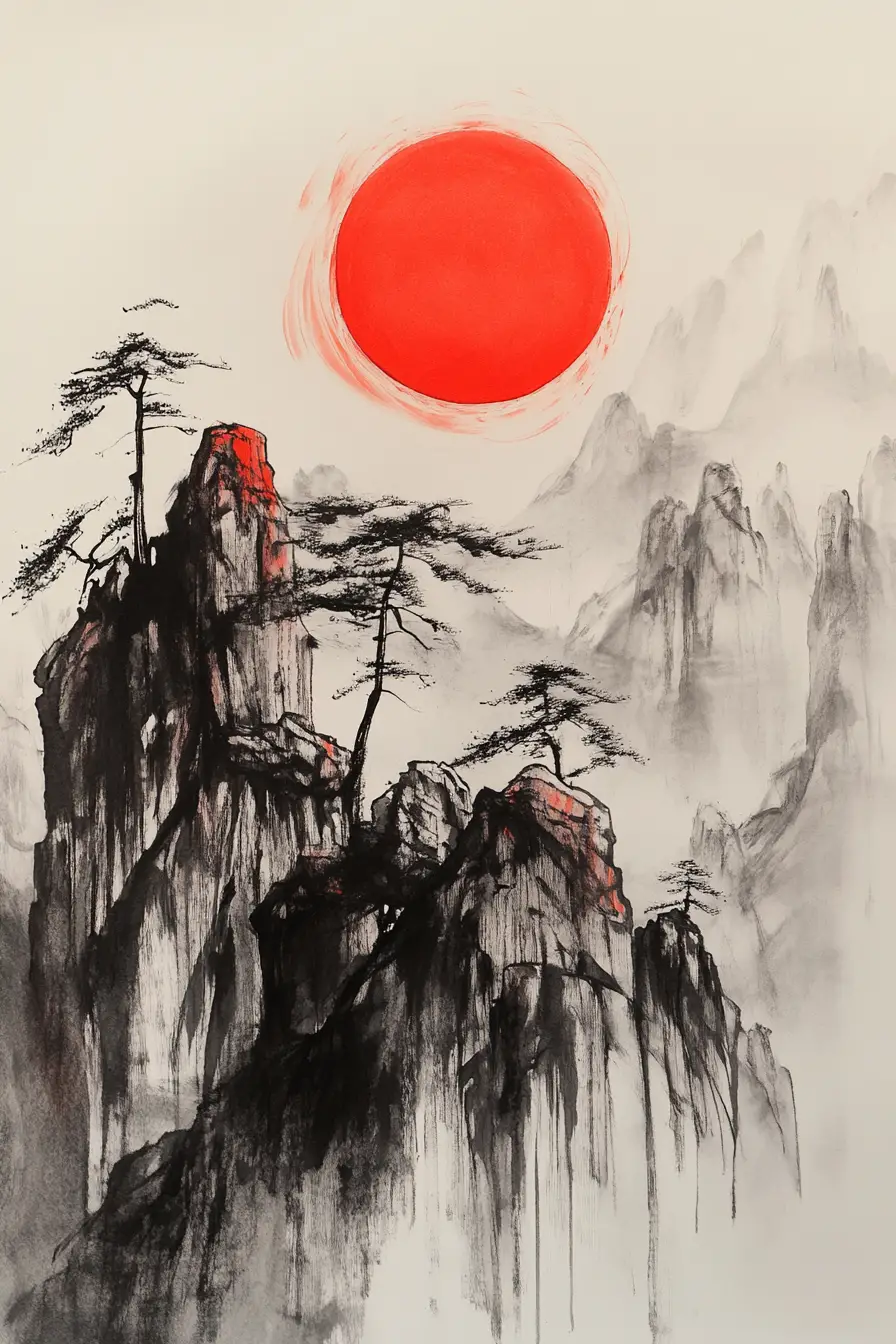 紅月下的中國水墨山水畫