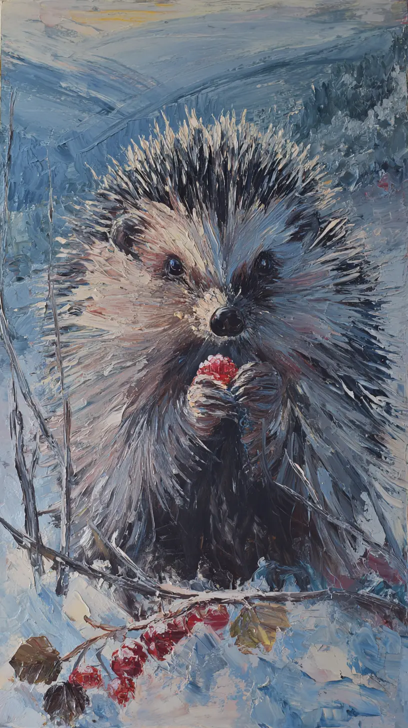 Frost covered hedgehog in a quiet winter landscape
