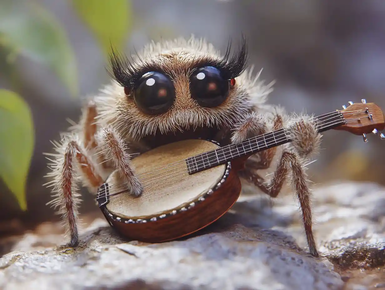 Primo piano di un ragno musicale in un minuscolo mondo fantasy