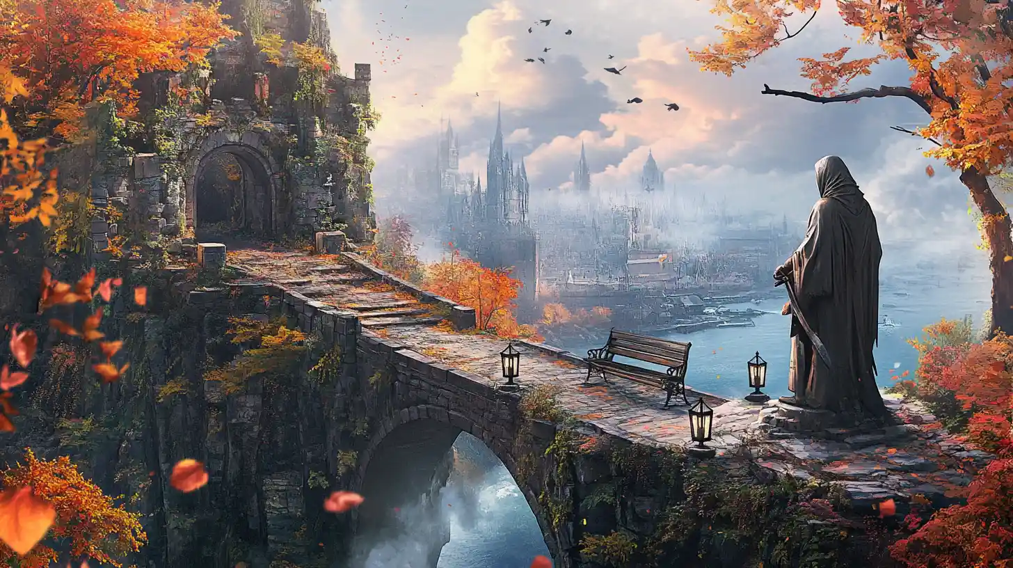 Vieux pont de pierre sur une falaise au-dessus d’une ville d’automne