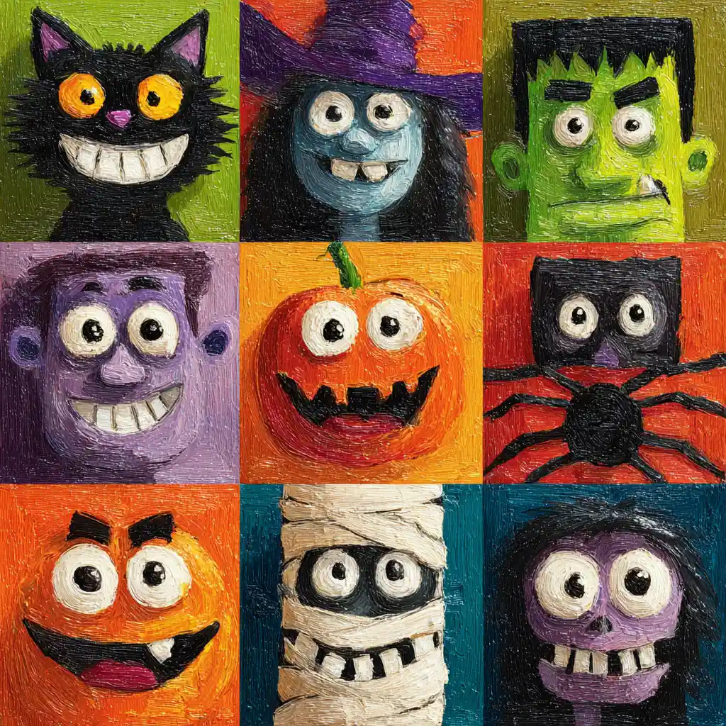 Halloween character grid with cute spooky cartoon faces