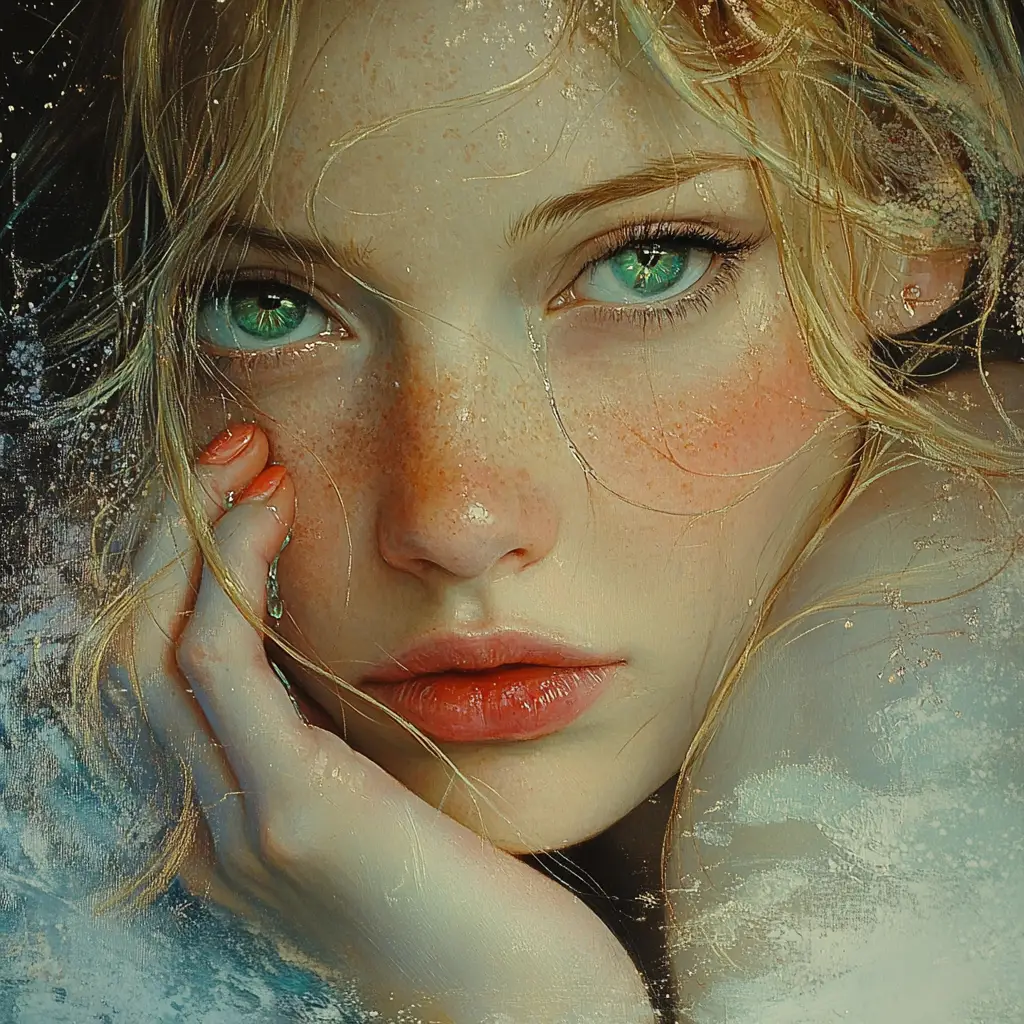在空靈月光下、含淚雙眼的憂鬱女子