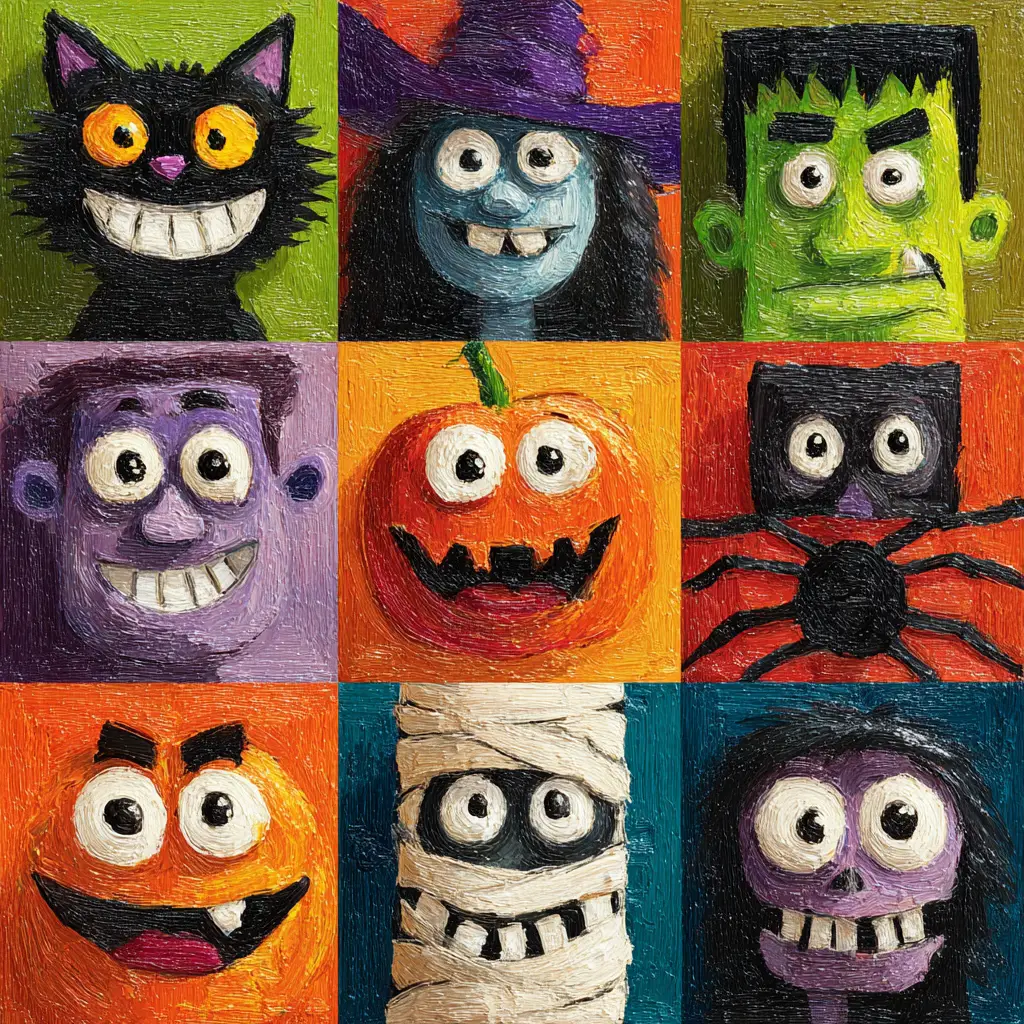 Grille de personnages d’Halloween avec de jolies faces de dessins animés effrayants