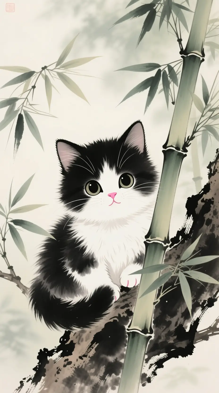 竹林中的可愛小貓水墨畫