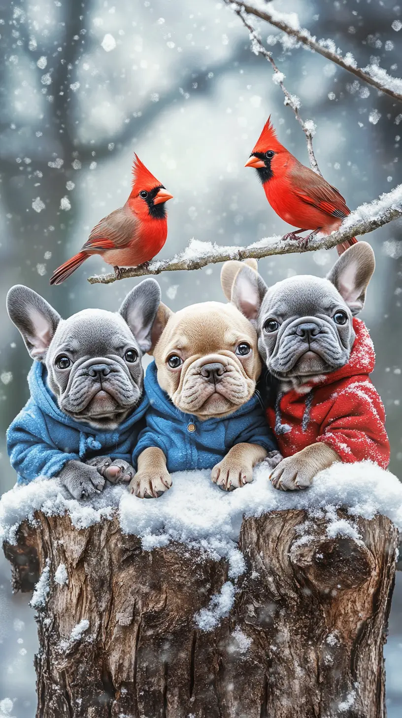 Chiots bouledogue français sur un tronc enneigé dans une forêt hivernale
