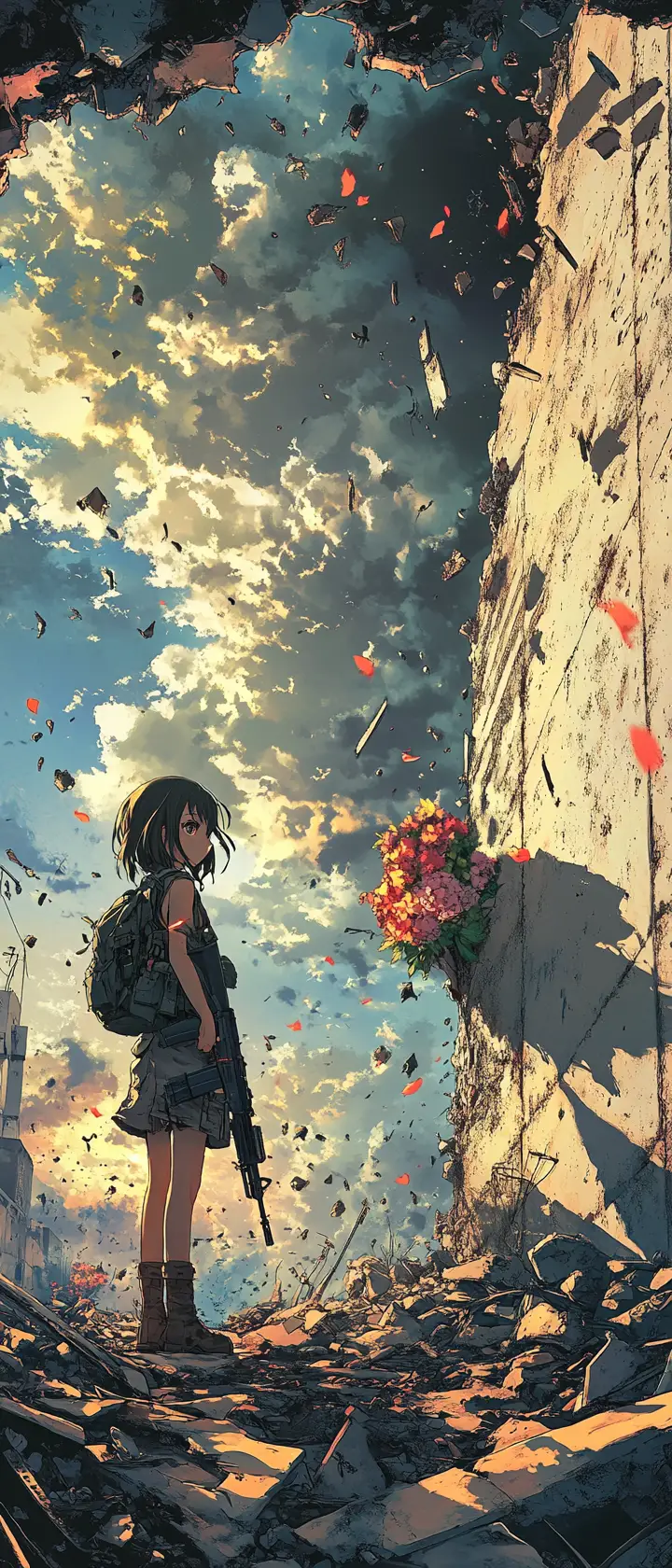 Fille d’anime fouillant un soldat sur un rempart de ville en ruines