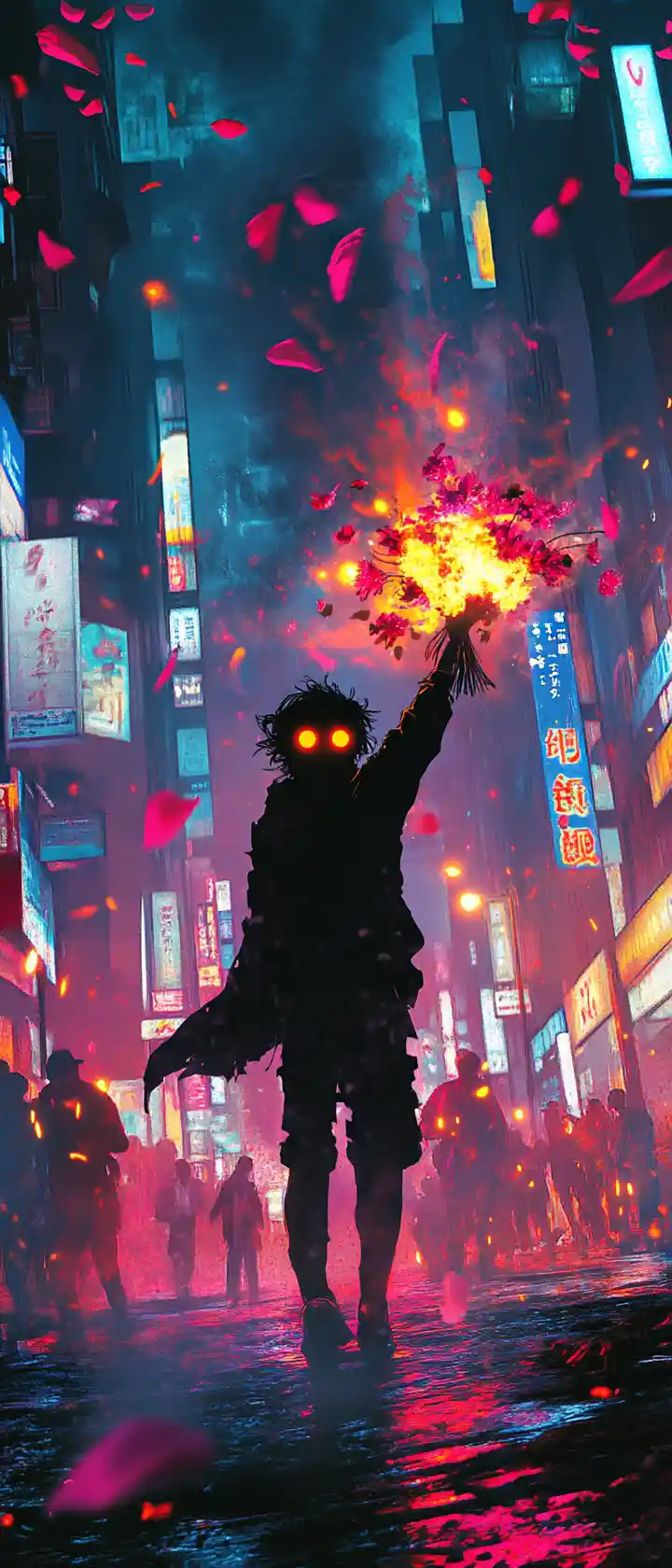 Alborotador de anime lanzando flores brillantes en una calle nocturna de neón