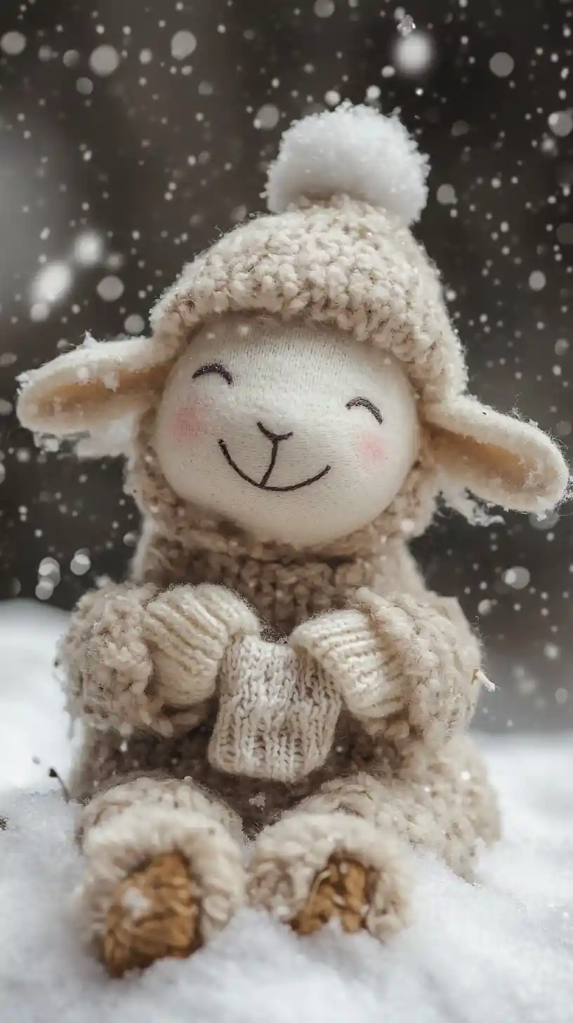 Niedliches kleines Schaf strickt Socken im Schnee