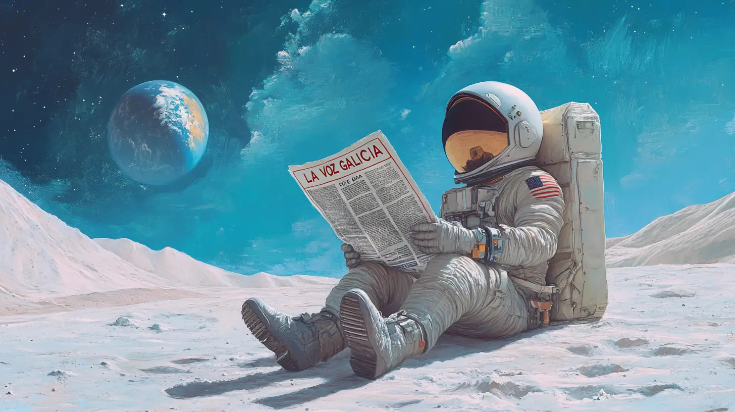 月で新聞を読む宇宙飛行士