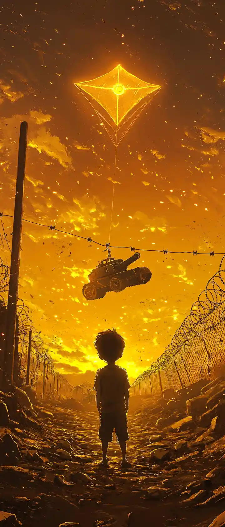 Anime boy flying glowing kite in golden desert dawn