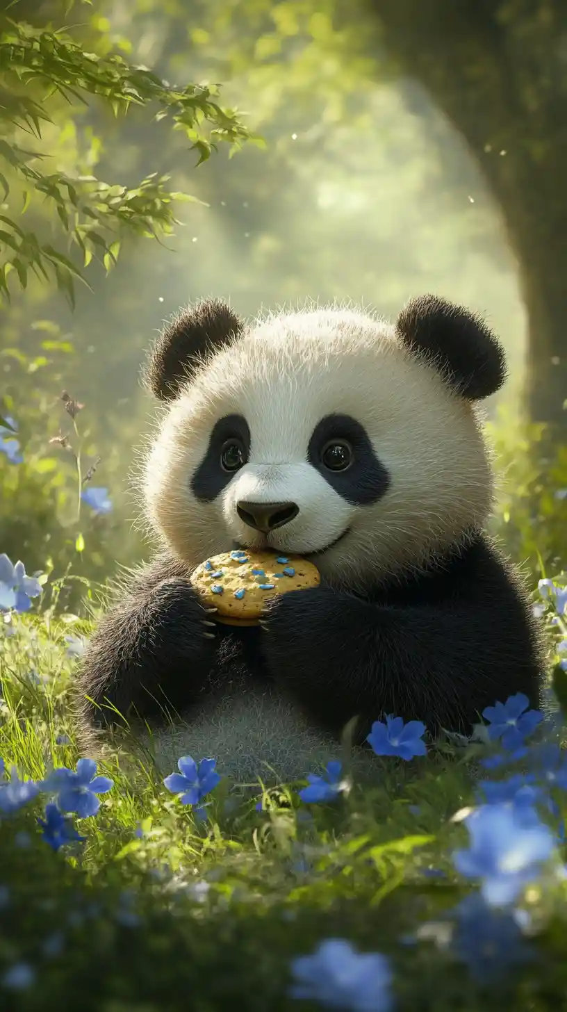 Süßer Panda, der in einem blauen Blumenwald einen Keks isst