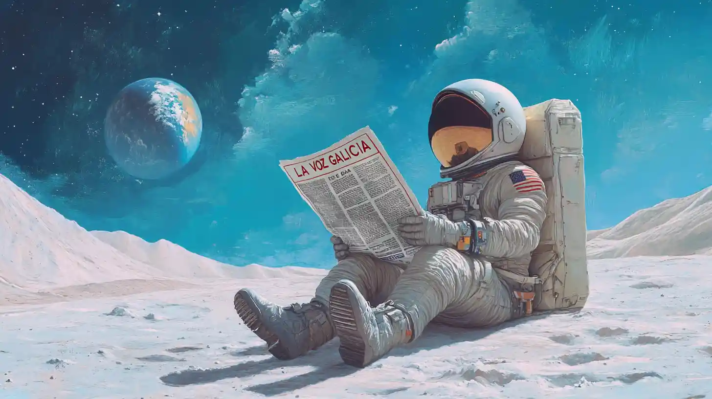 月で新聞を読む宇宙飛行士