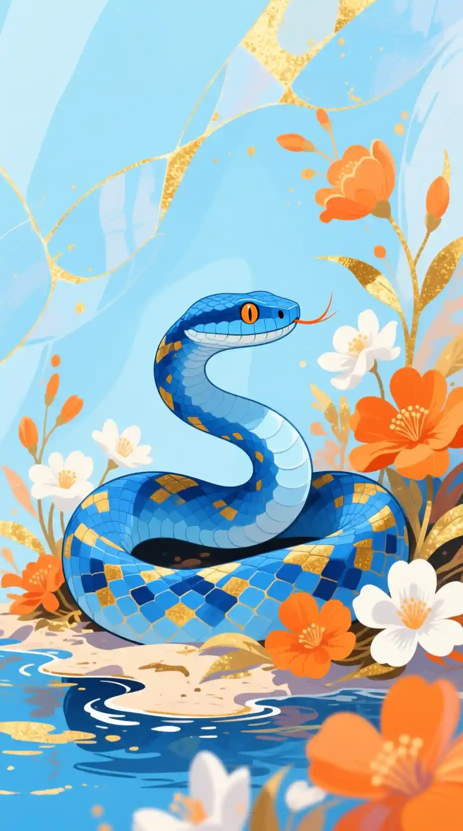 Víbora da ilha azul com flores laranja e brancas
