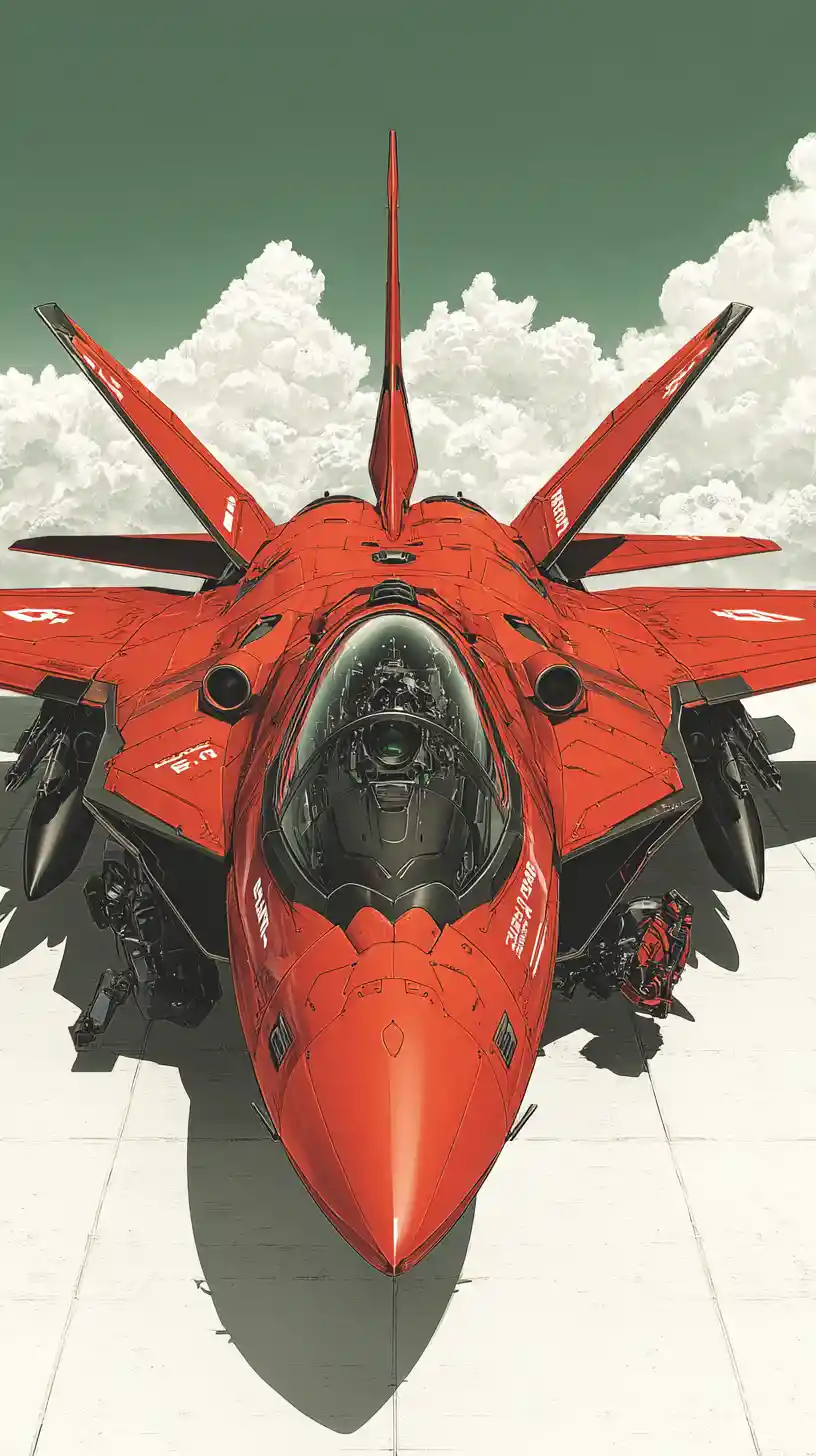 F 22 fighter jet in black and red against blue sky