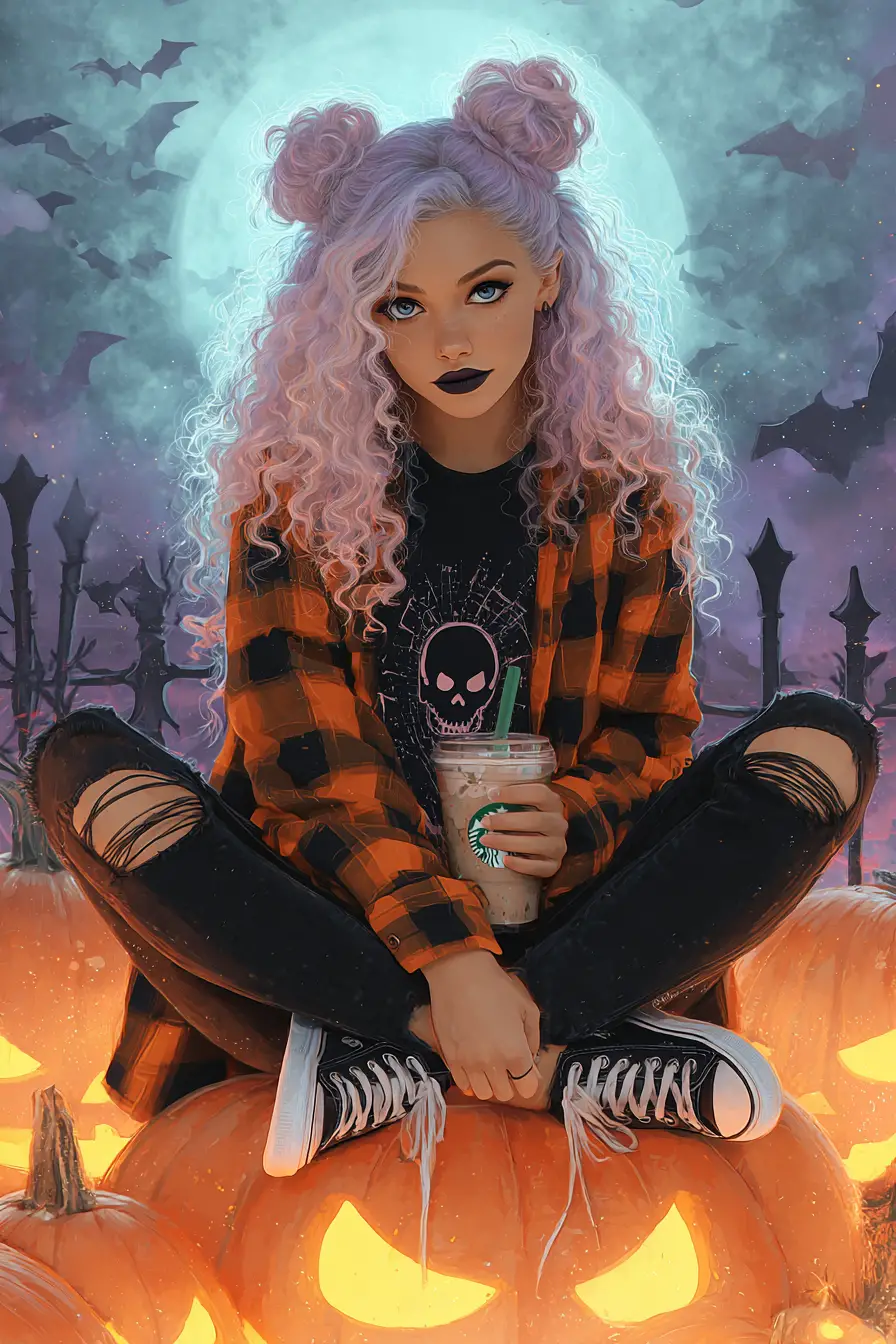 Chica gótica de cabello pastel sobre calabaza brillante en campo brumoso