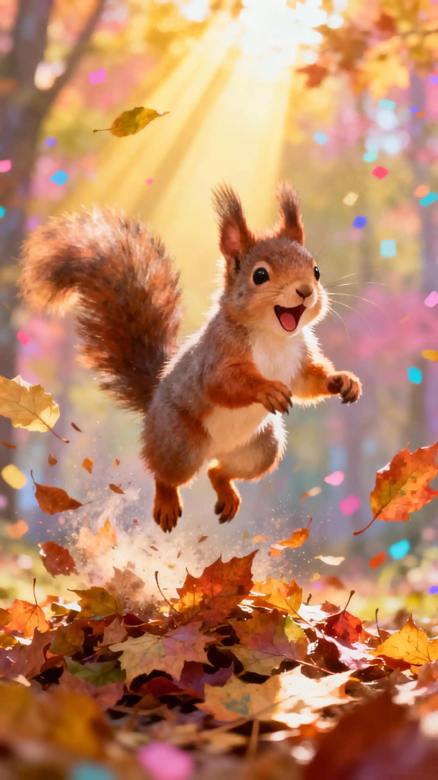 Ardilla adorable saltando a una pila de hojas de otoño