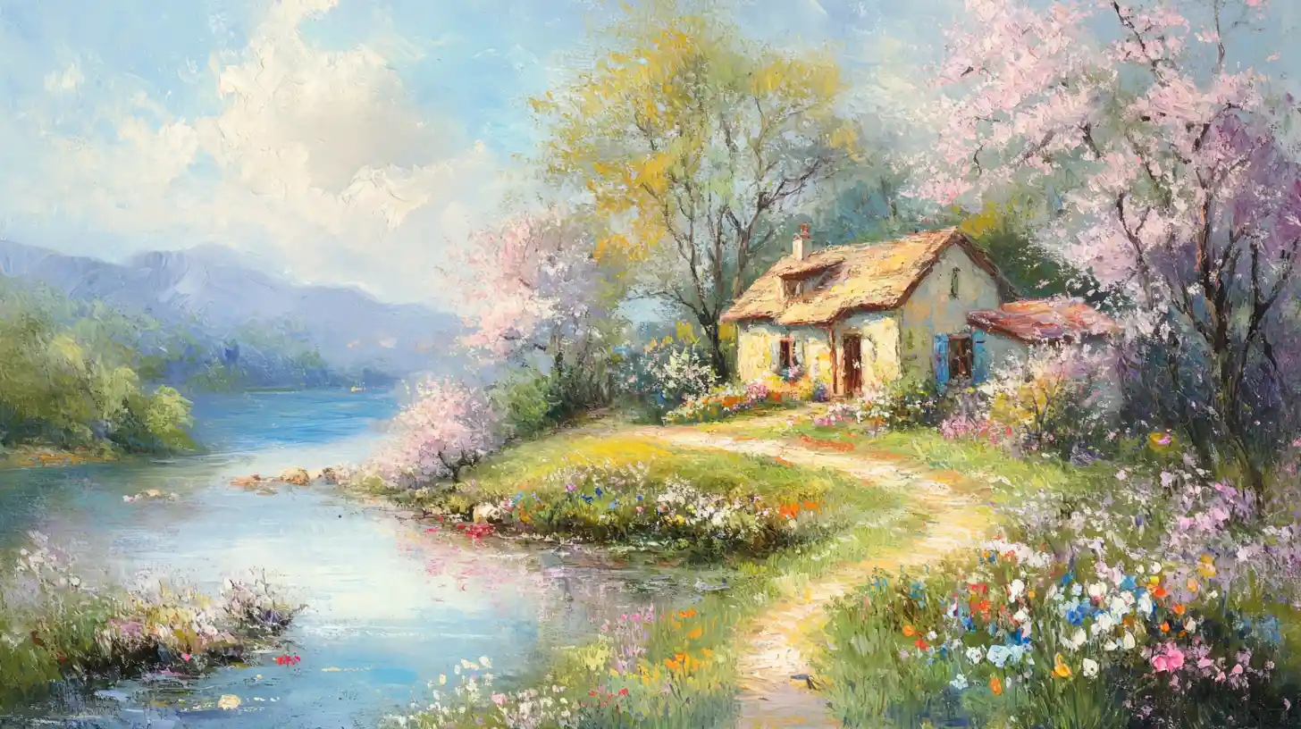 印象派風格的小河畔野花小屋