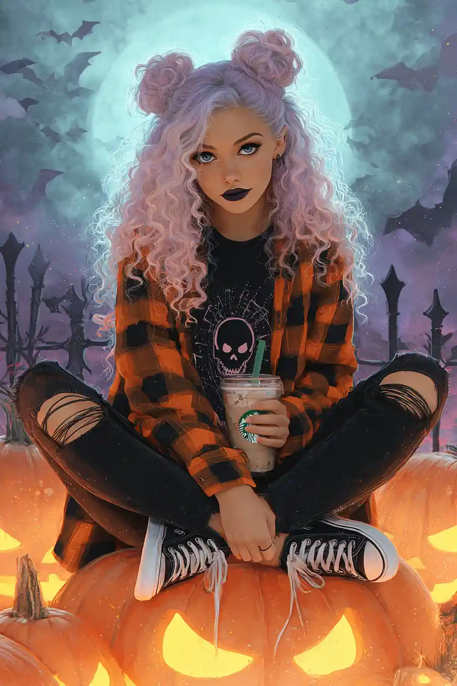 Chica gótica de cabello pastel sobre calabaza brillante en campo brumoso