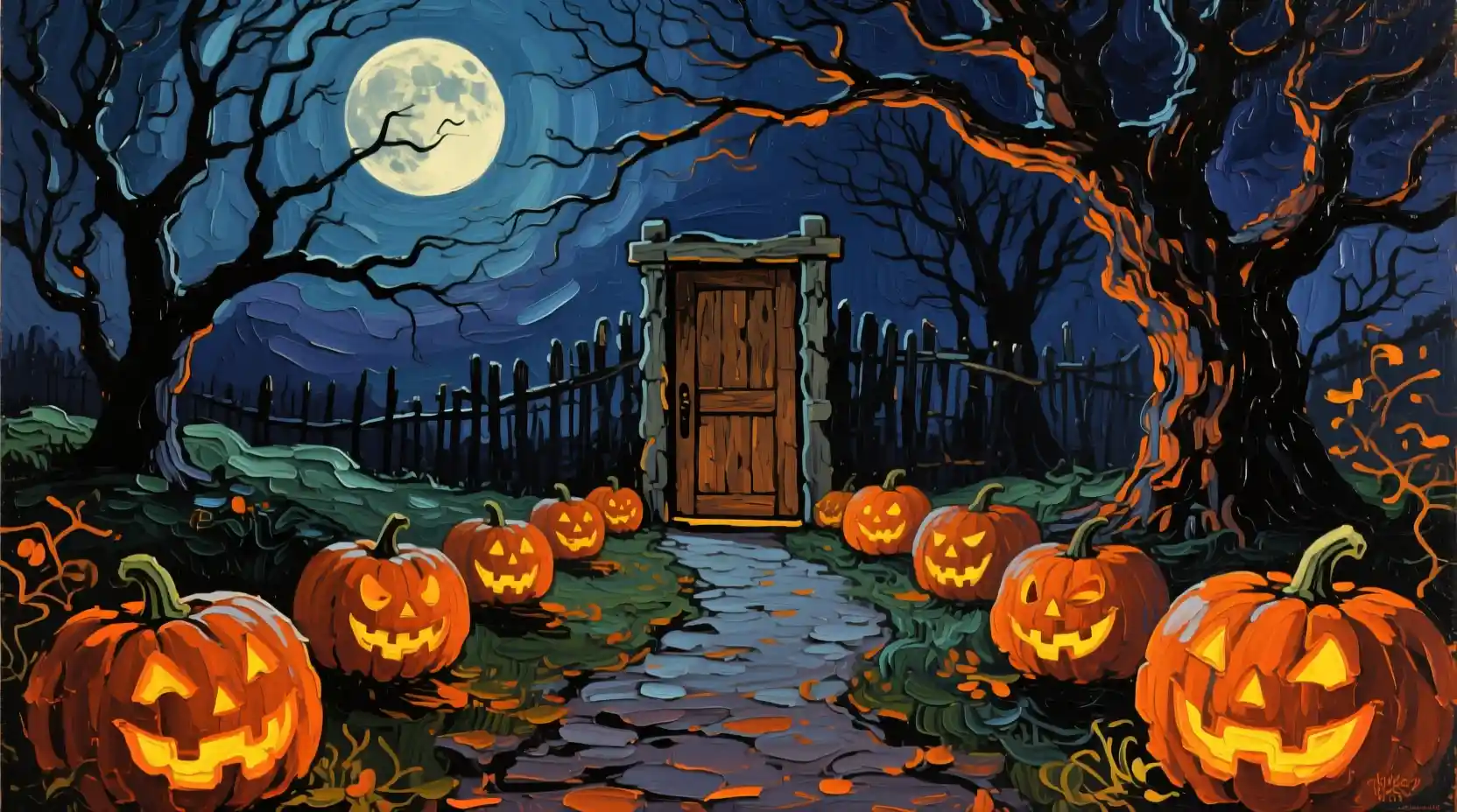 Sentiero di Halloween con zucche illuminate sotto la luna piena