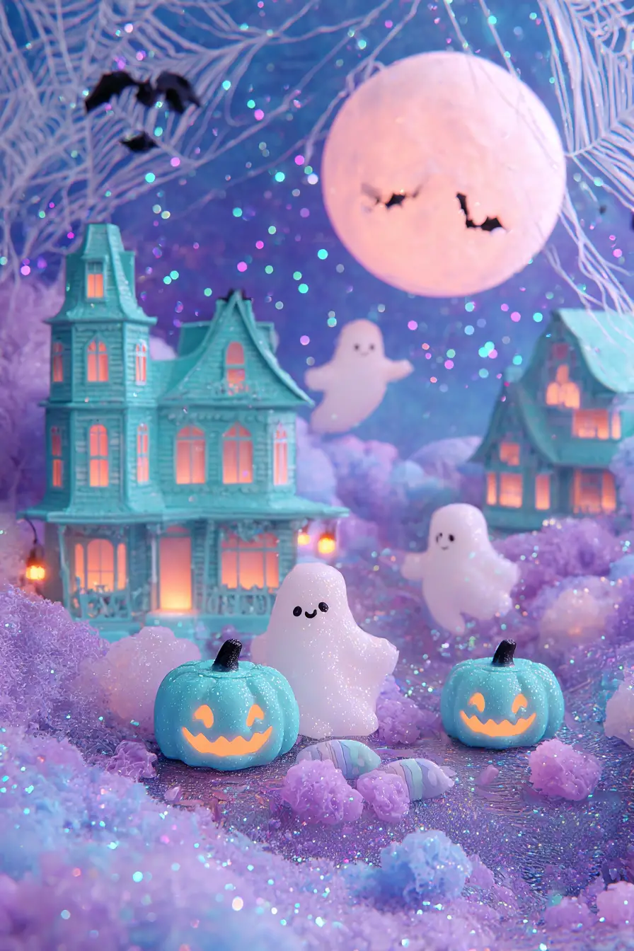 Casa Infestata di Halloween in Tinte Pastello con Bagliore al Neon