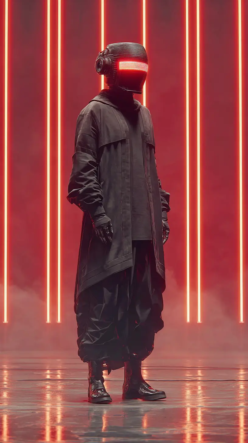 Uomo futuristico in armatura nera con visore del casco luminoso