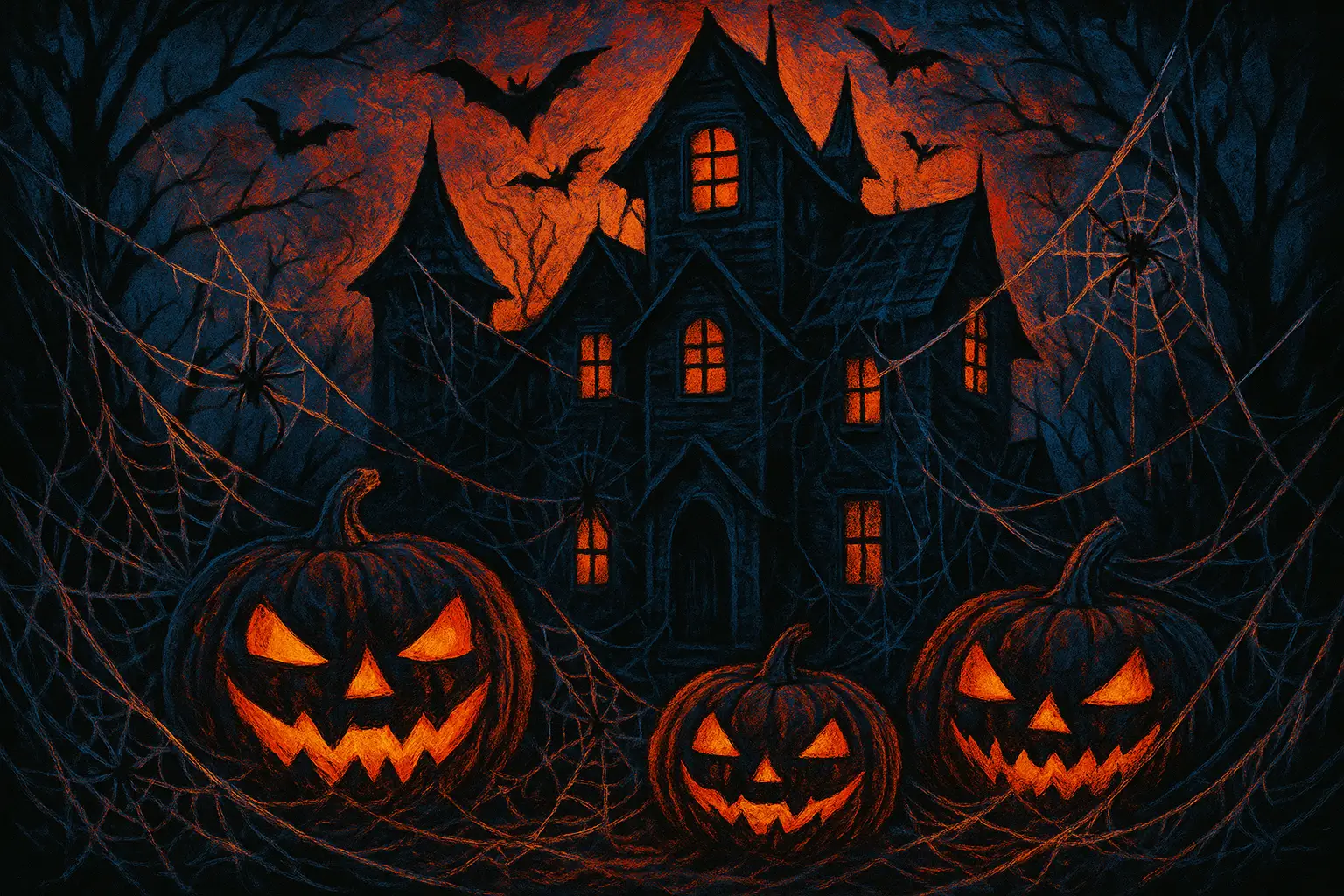 Spaventosa casa infestata di Halloween con zucche luminose e pipistrelli