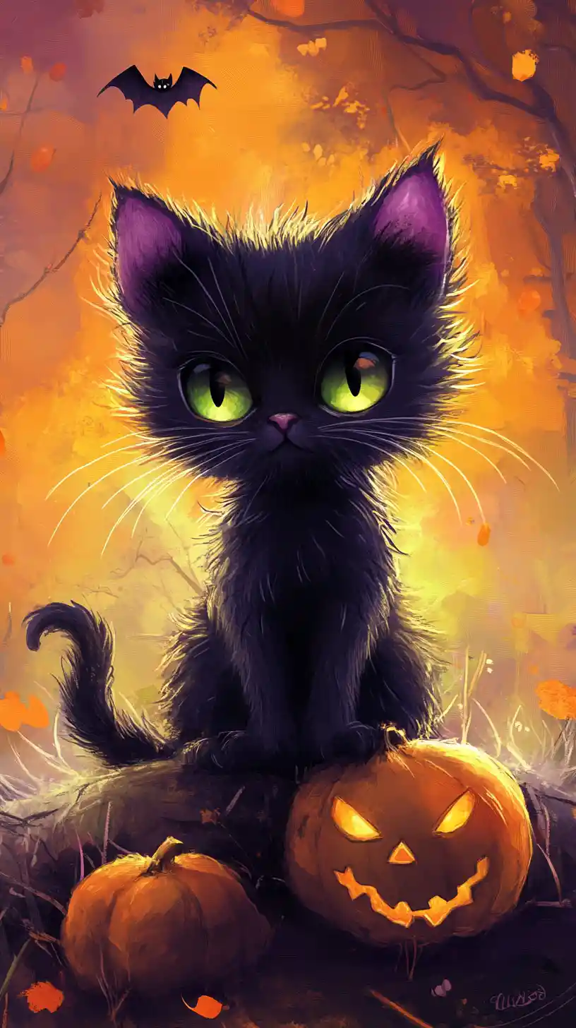 Cute fuzzy halloween creature in a spooky colorful scene