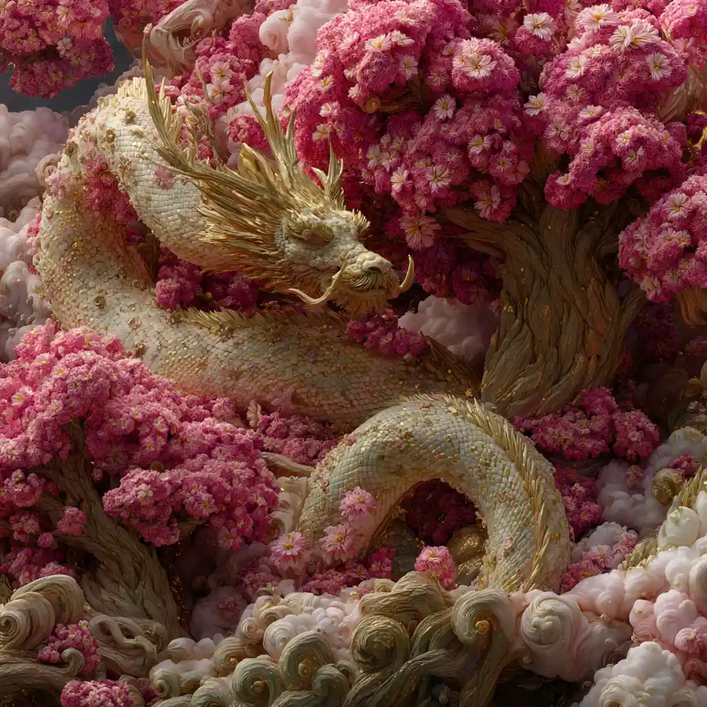 Colossal Ancient Japanese Gods In Misty Cherry Blossom Landscape