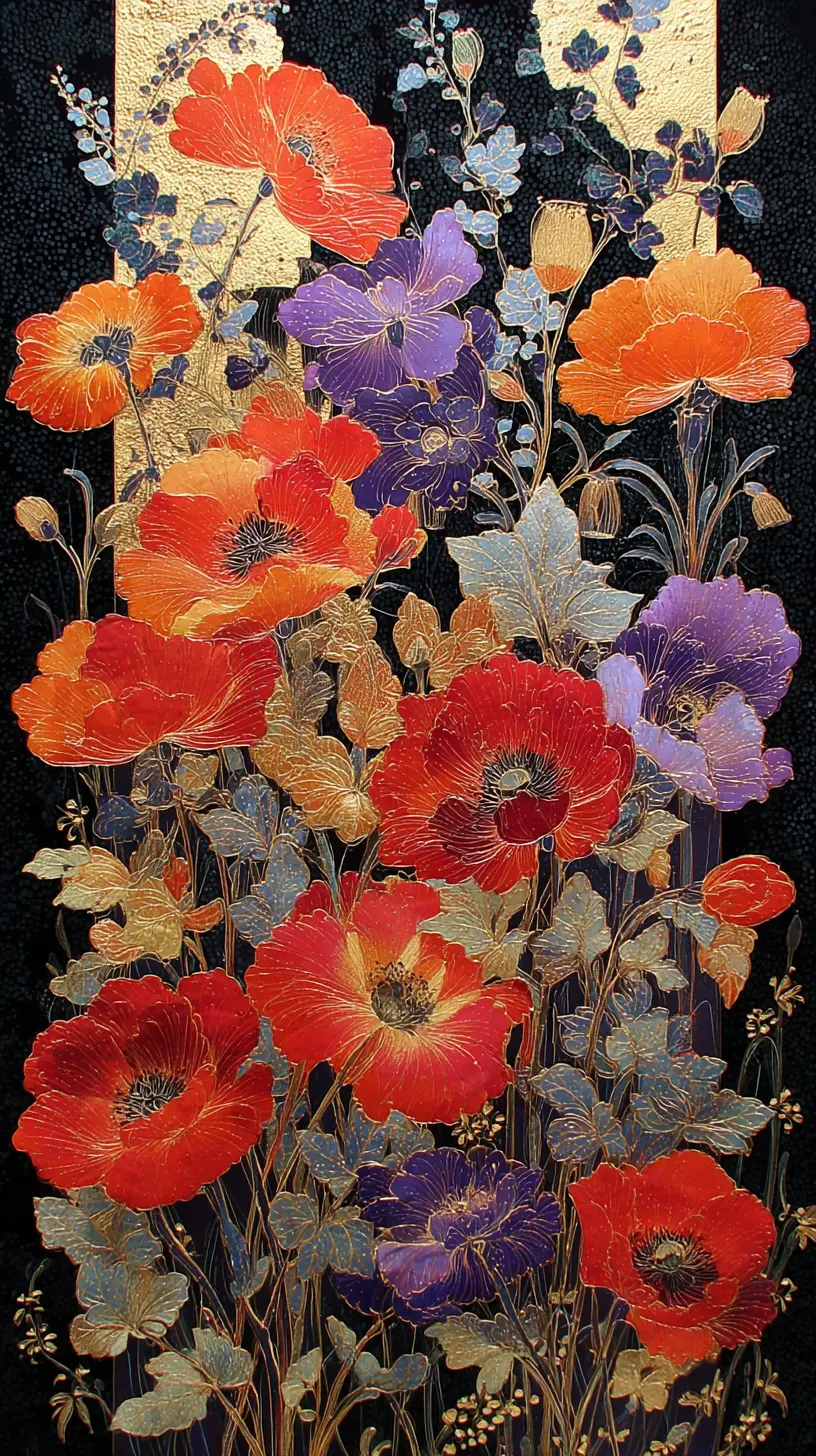 Japanisches Blumenbild vor schwarzem und goldenem Hintergrund
