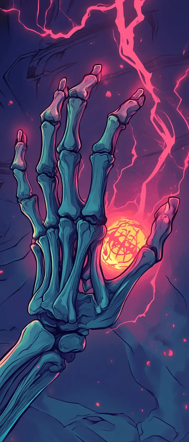 Mano scheletrica con amuleto luminoso in un mondo sotterraneo al neon