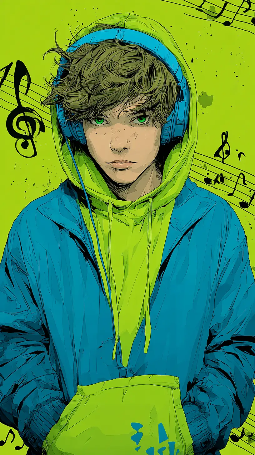 Teenage boy in headphones with lime green hoodie illustration
