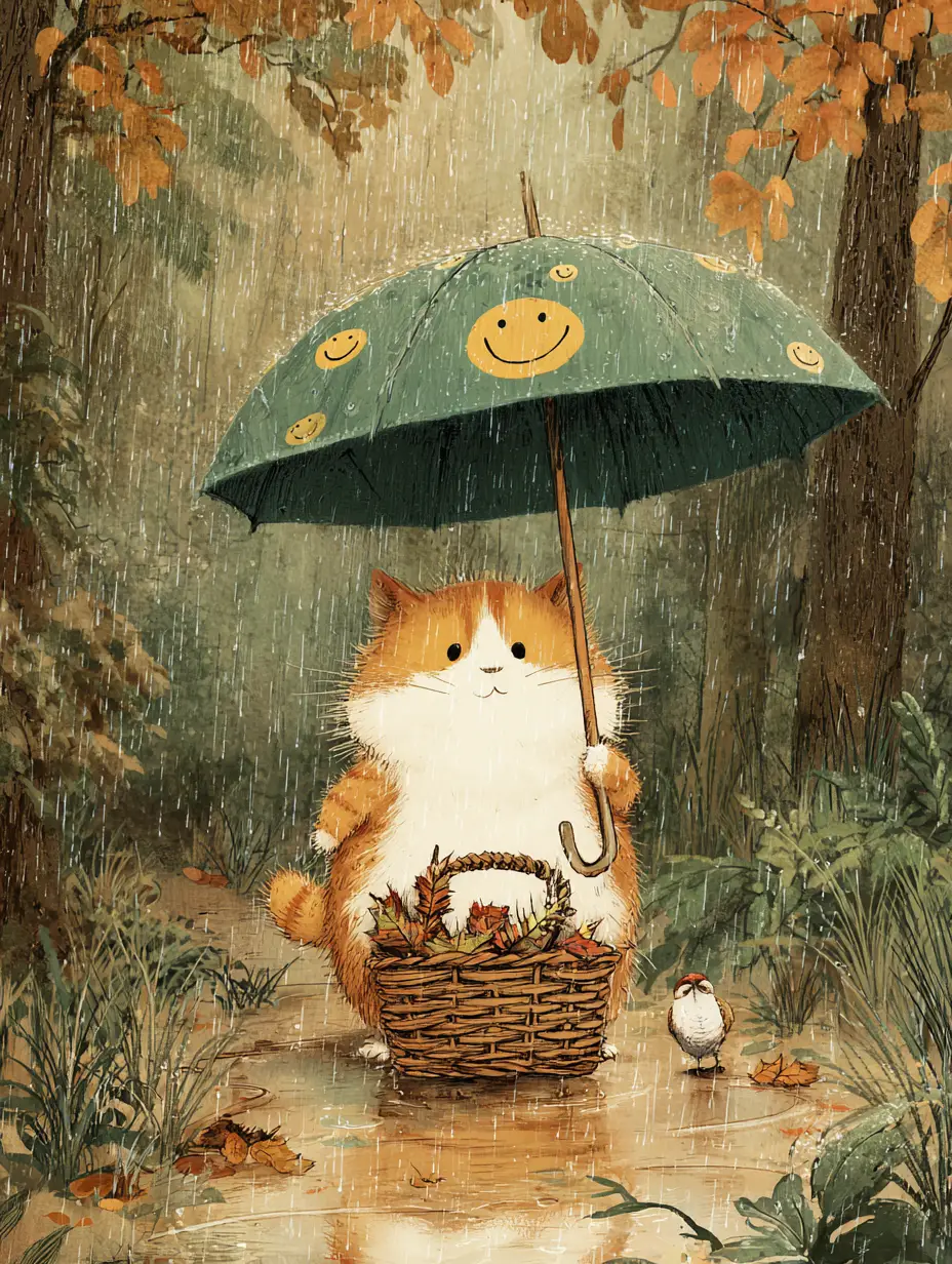 雨中秋季森林裡撐傘的可愛卡通小貓