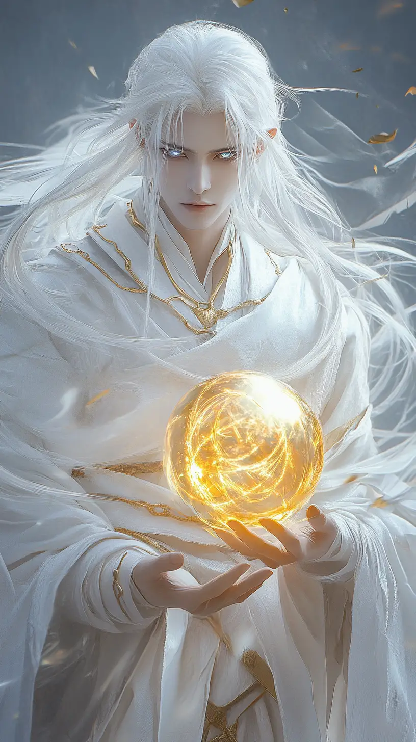White haired fantasy man holding glowing golden orb