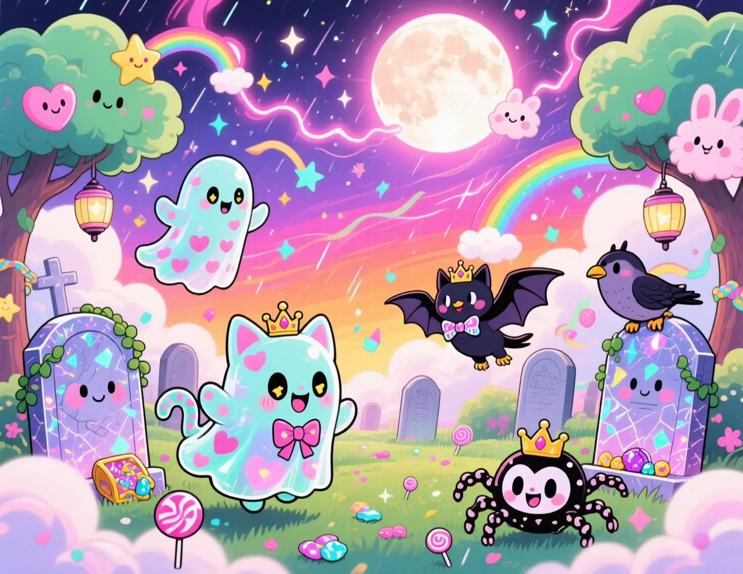 Kawaii-Anime-Friedhof unter einem pastellfarbenen magischen Mondaufgang
