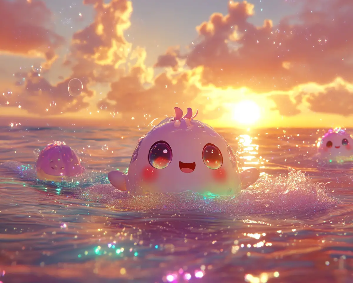 Adorables tortues de mer style anime dans un coucher de soleil sous-marin pastel