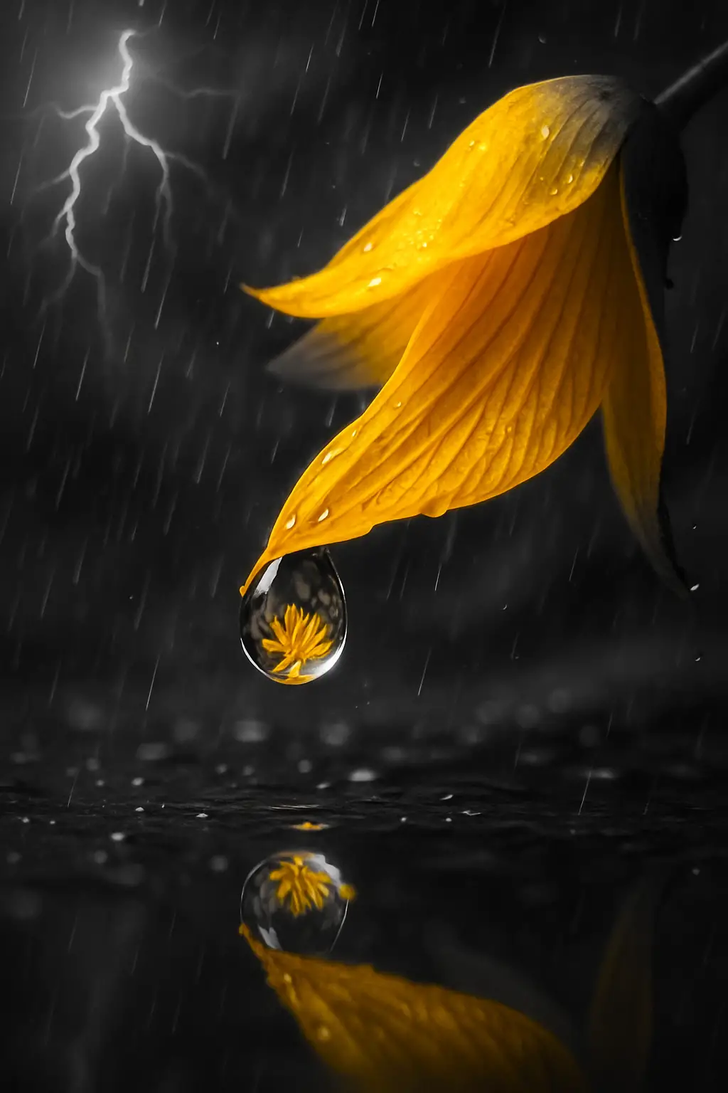 特寫花瓣與閃耀雨滴倒影