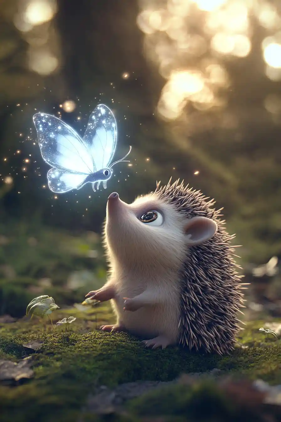 Magical hedgehog gazing at glowing lunar butterfly
