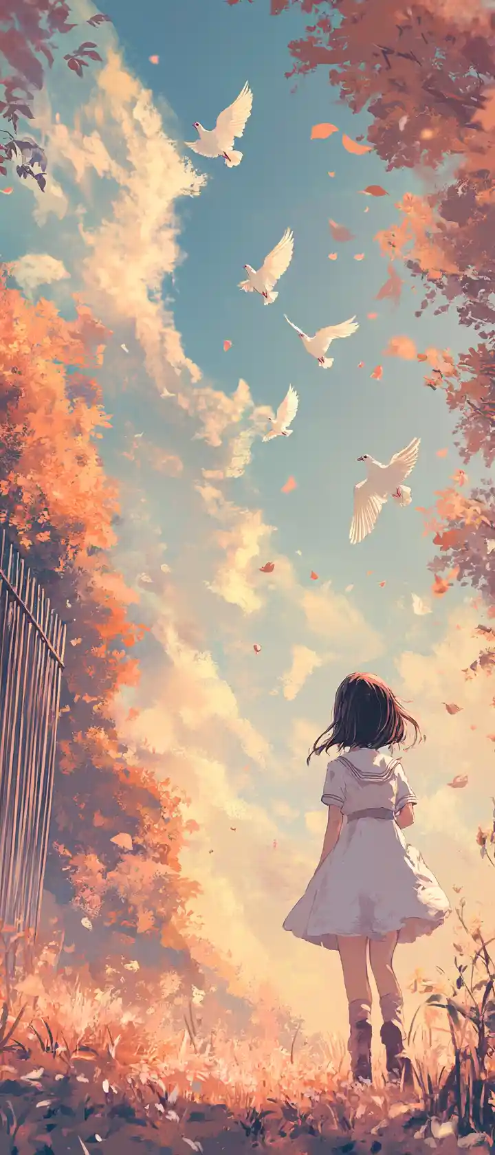 Chica de anime en un maizal otoñal observando palomas brillantes