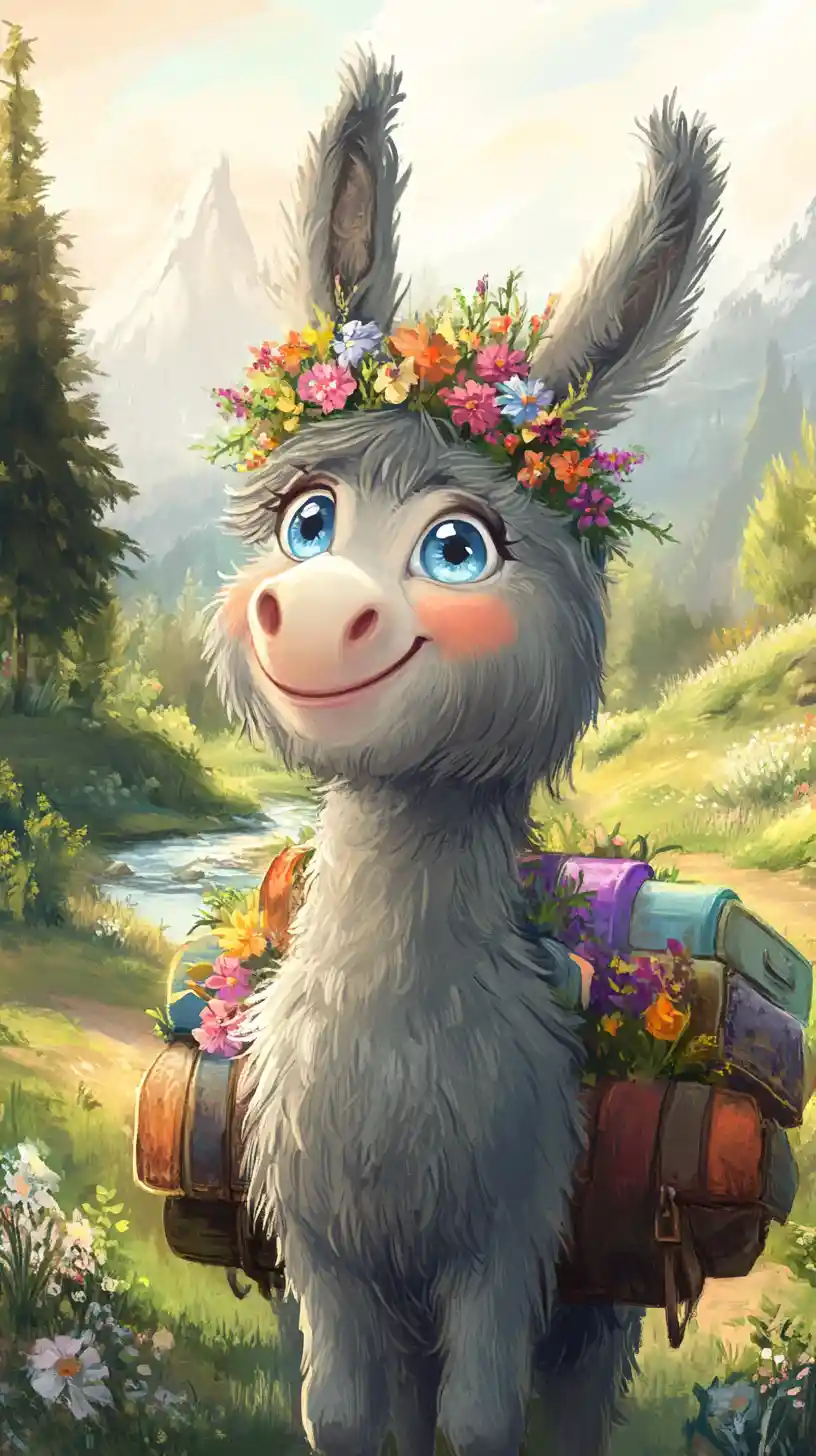 Cheerful Donkey With Luggage In A Mountain Meadow
