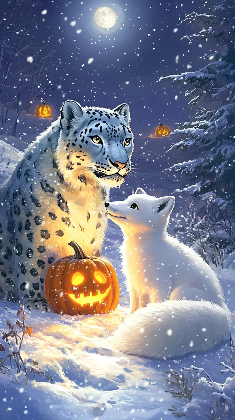 Snow leopard and polar fox in a glowing winter night