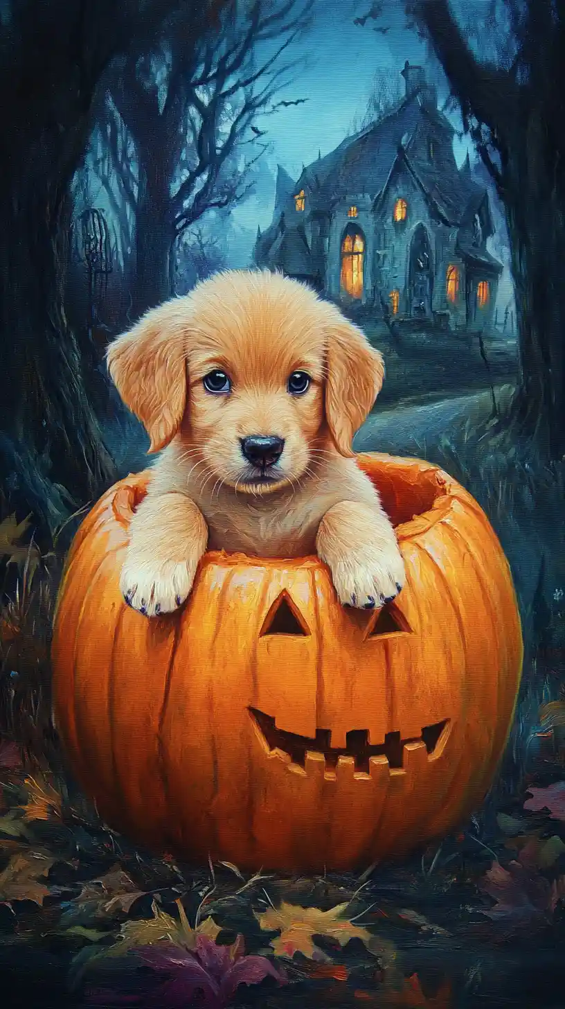 Cucciolo carino seduto dentro a una zucca nella foresta